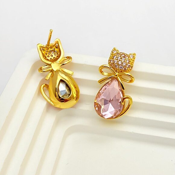 Elegant Pink Cubic Zirconia Cat Earrings for Women - Hypoallergenic Sterling Sil - Picture 6 of 6